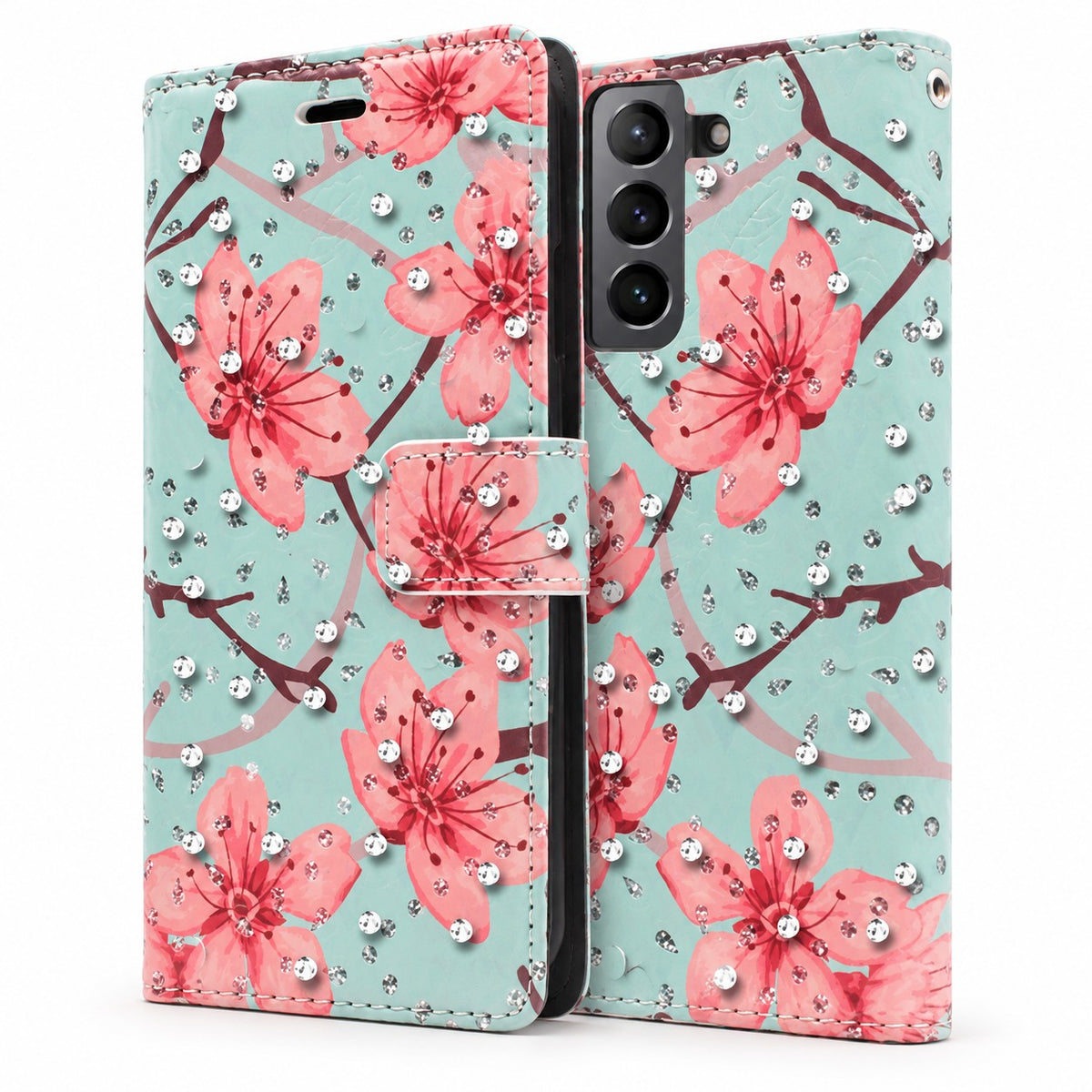 Diamond Wallet with Floral Design Case for Samsung Galaxy S22 Plus - Teal