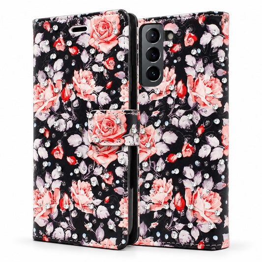 Diamond Wallet with Floral Design Case for Samsung Galaxy S22 Plus - Black