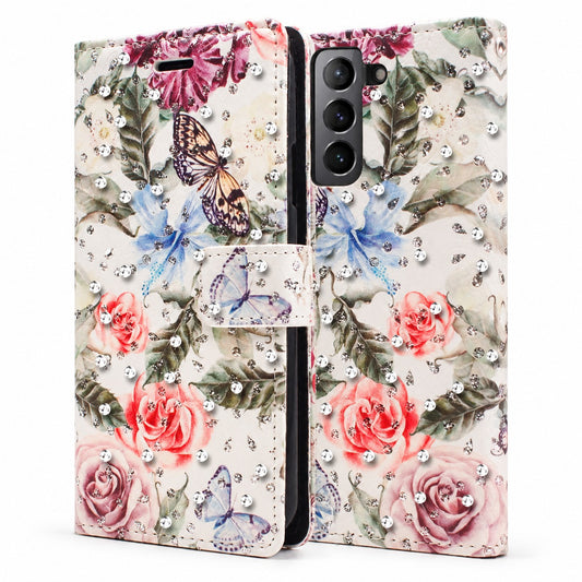Diamond Wallet with Floral Design Case for Samsung Galaxy S22 Plus - White Butterfly