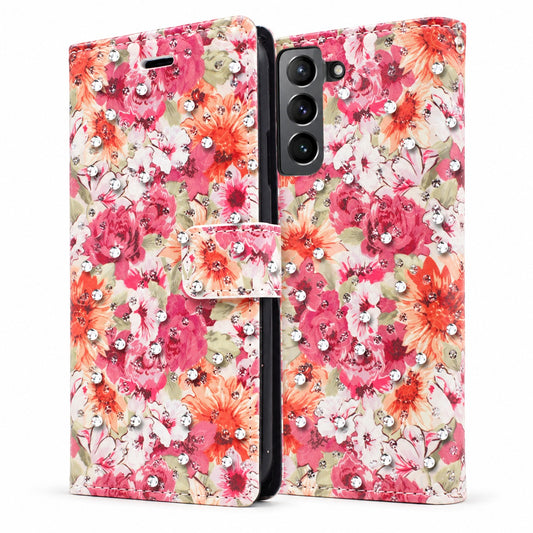 Diamond Wallet with Floral Design Case for Samsung Galaxy S22 Plus - Orange Pink
