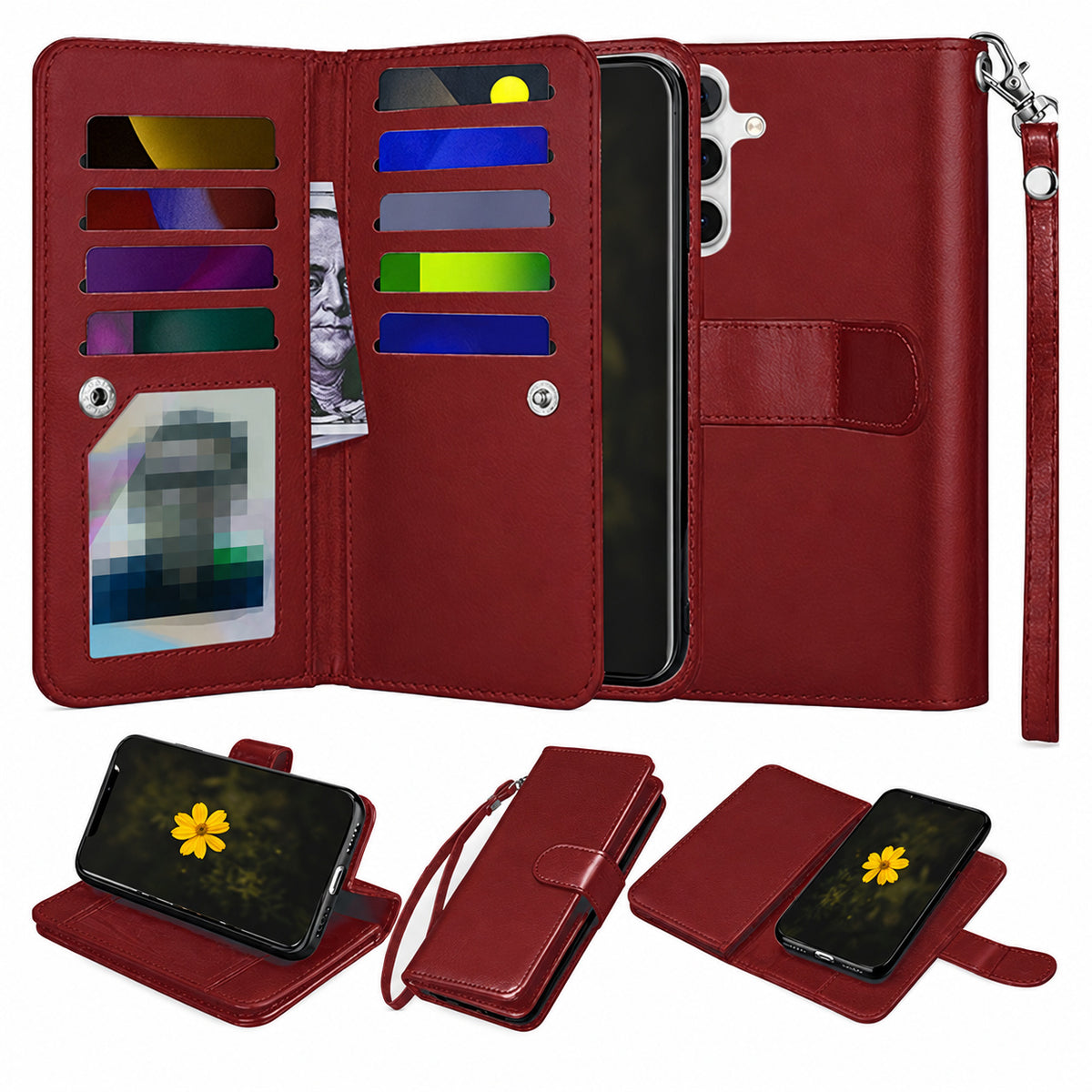 Bifold 9 Card detachable wallet for Samsung Galaxy A35 5G - Wine