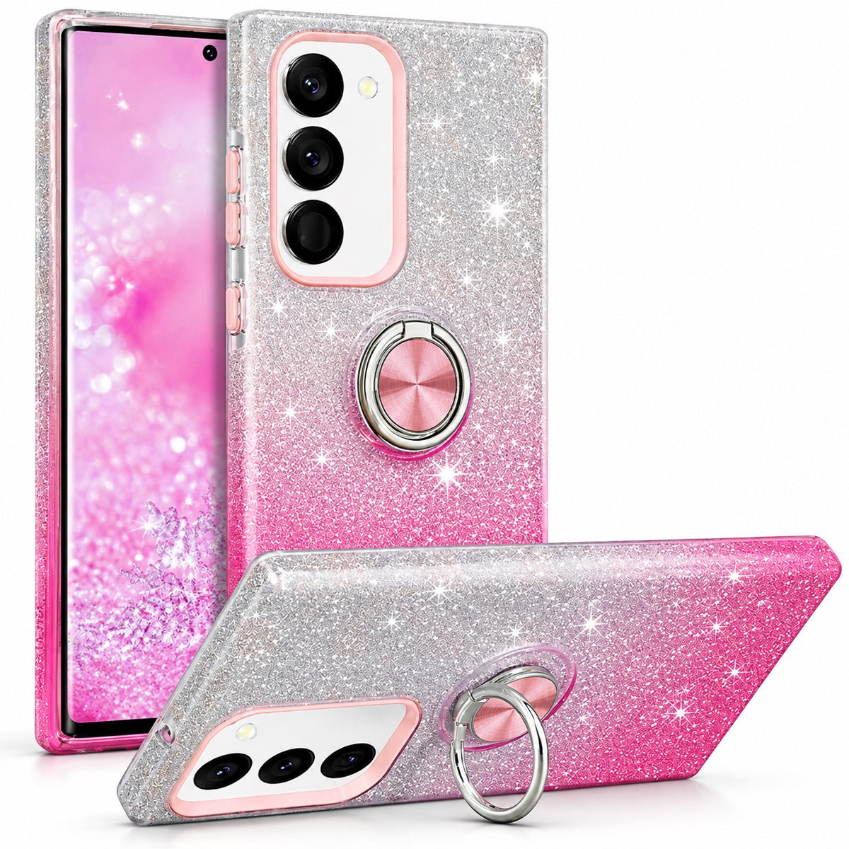 3-in-1 Glitter w/ Ring Case for Samsung Galaxy S24 Plus - Pink / Silver