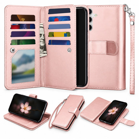 Bifold 9 Card Detachable Wallet Case for Samsung Galaxy S24 FE - Rose Gold