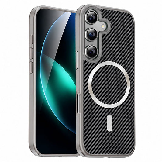 Grey Samsung Galaxy A07 phone case, MagSafe Carbon Elite Case design, mobile phone cover