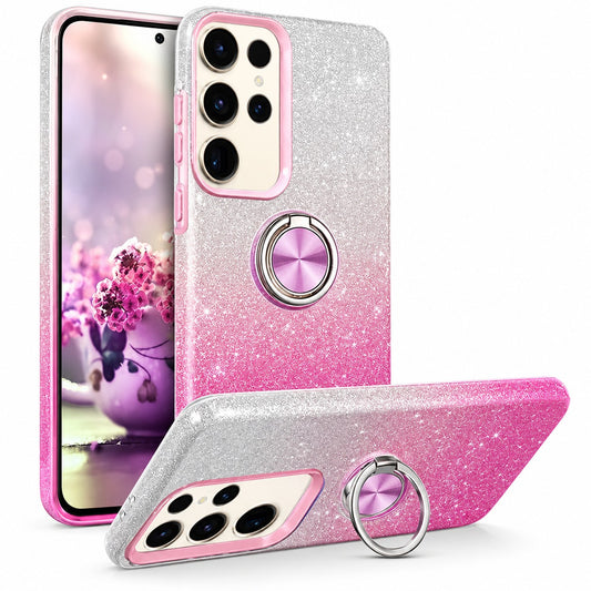 3-in-1 Glitter w/ Ring Case for Samsung Galaxy S24 Ultra - Pink / Silver