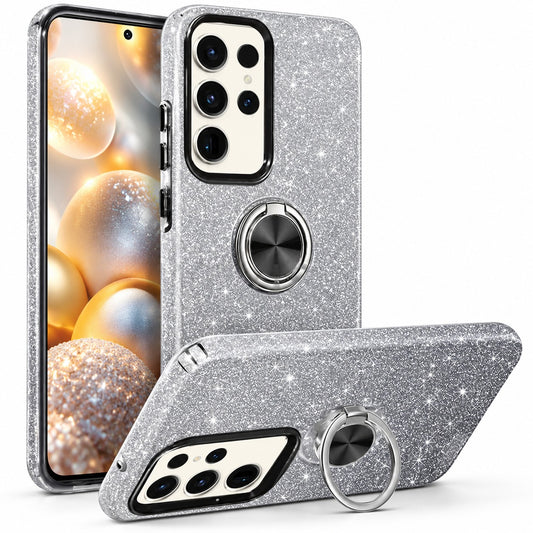 3-in-1 Glitter w/ Ring Case for Samsung Galaxy S24 Ultra - Black / Silver
