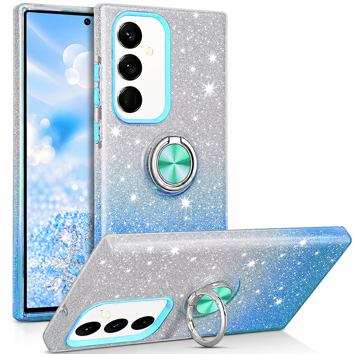 3-in-1 Glitter w/ Ring Case for Samsung Galaxy A36 - Blue/Silver