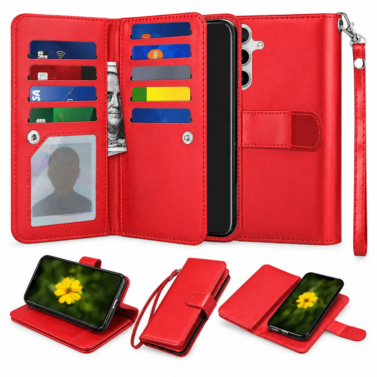 Bifold 9 Card detachable wallet for Samsung Galaxy S24 Plus - Red