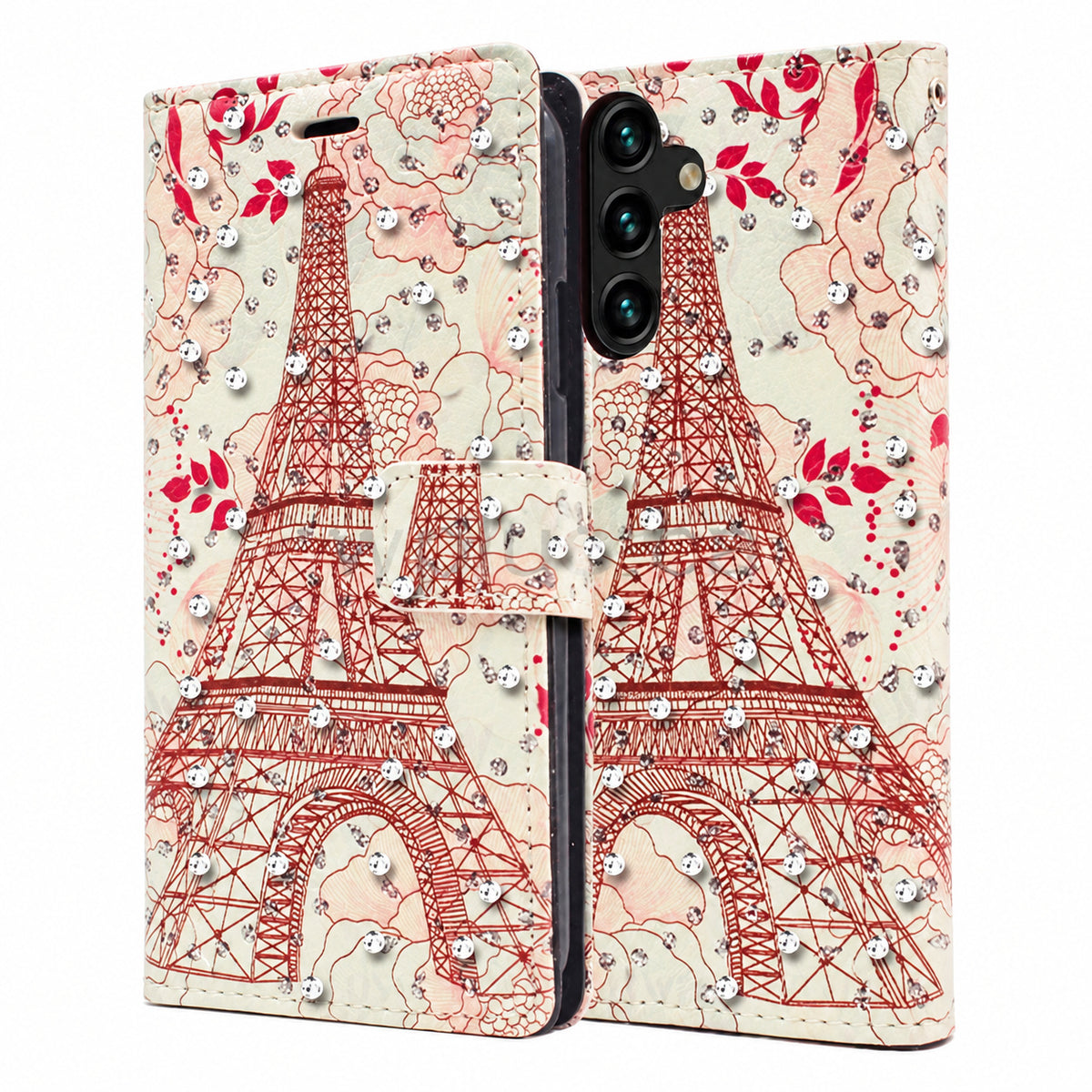 Diamond Wallet w/ Floral Design for Samsung Galaxy A35 5G - Pink
