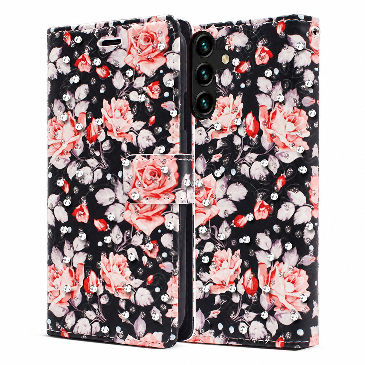 Diamond Wallet w/ Floral Design for Samsung Galaxy A35 5G - Black
