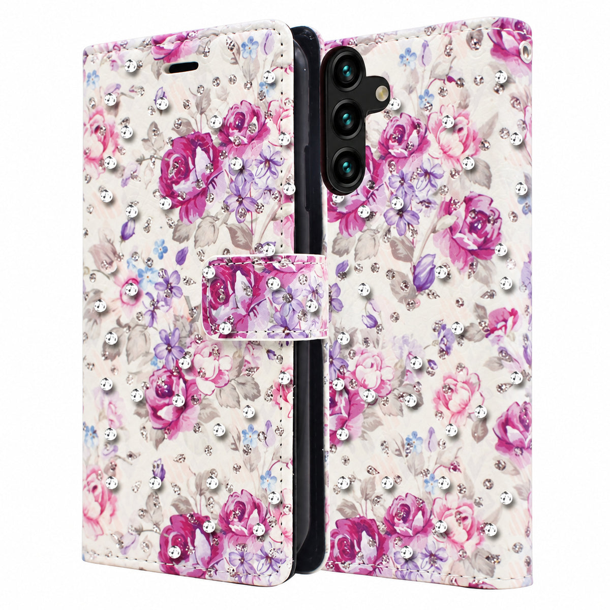 Diamond Wallet w/ Floral Design for Samsung Galaxy A35 5G - Purple