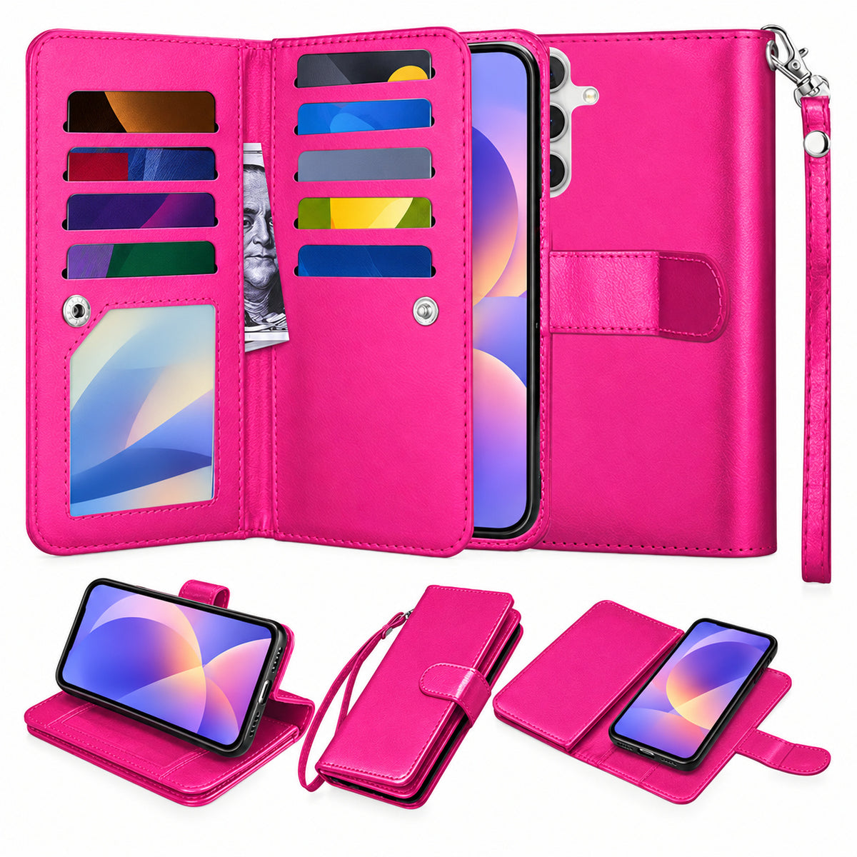 Bifold 9 Card detachable wallet for Samsung Galaxy A36 - Hot Pink