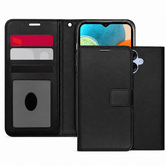Black Samsung Galaxy A05 wallet phone case, Photo ID Wallet design, wallet-style mobile phone cover