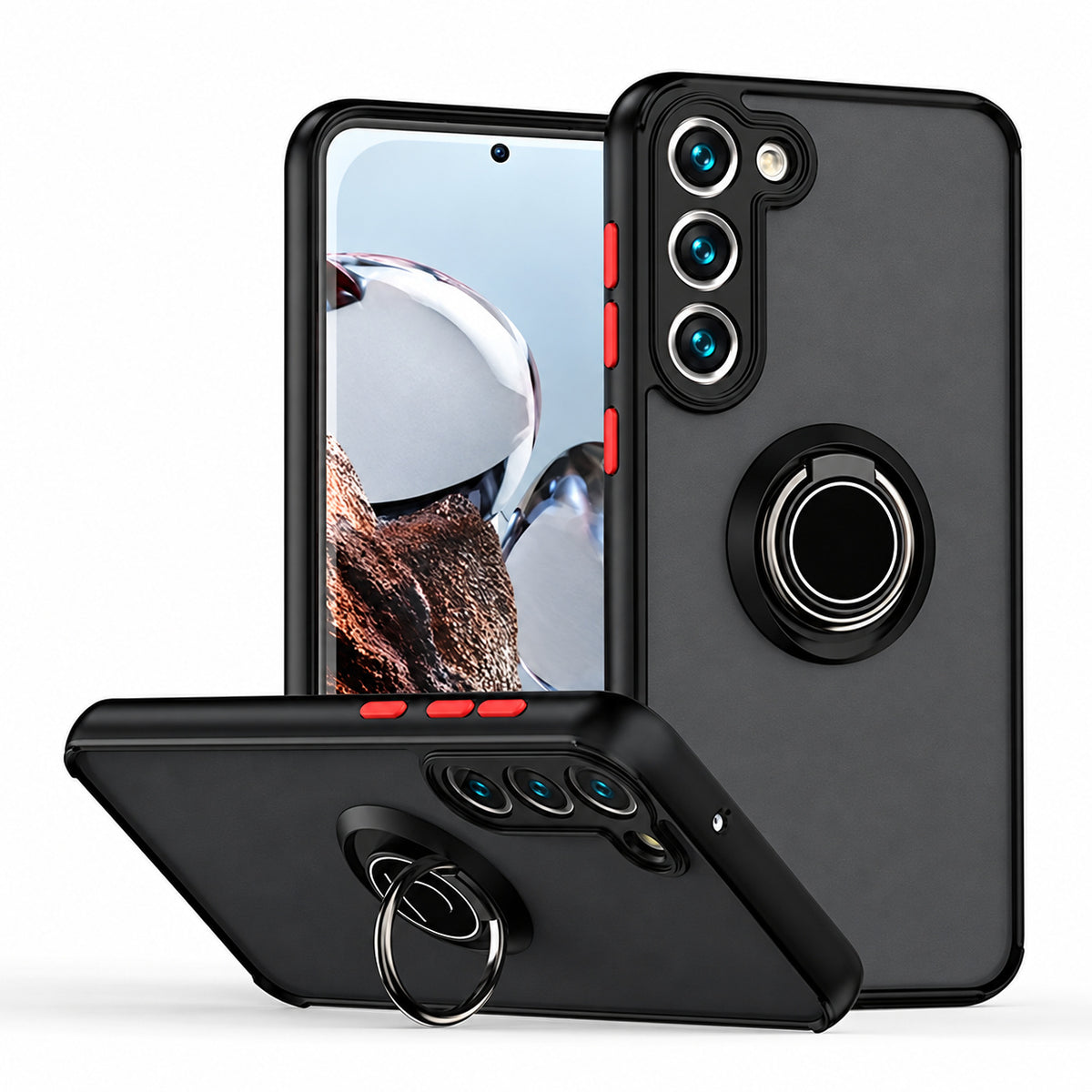 Rubberized Armor with Ring for Samsung Galaxy S24 - Black/Red