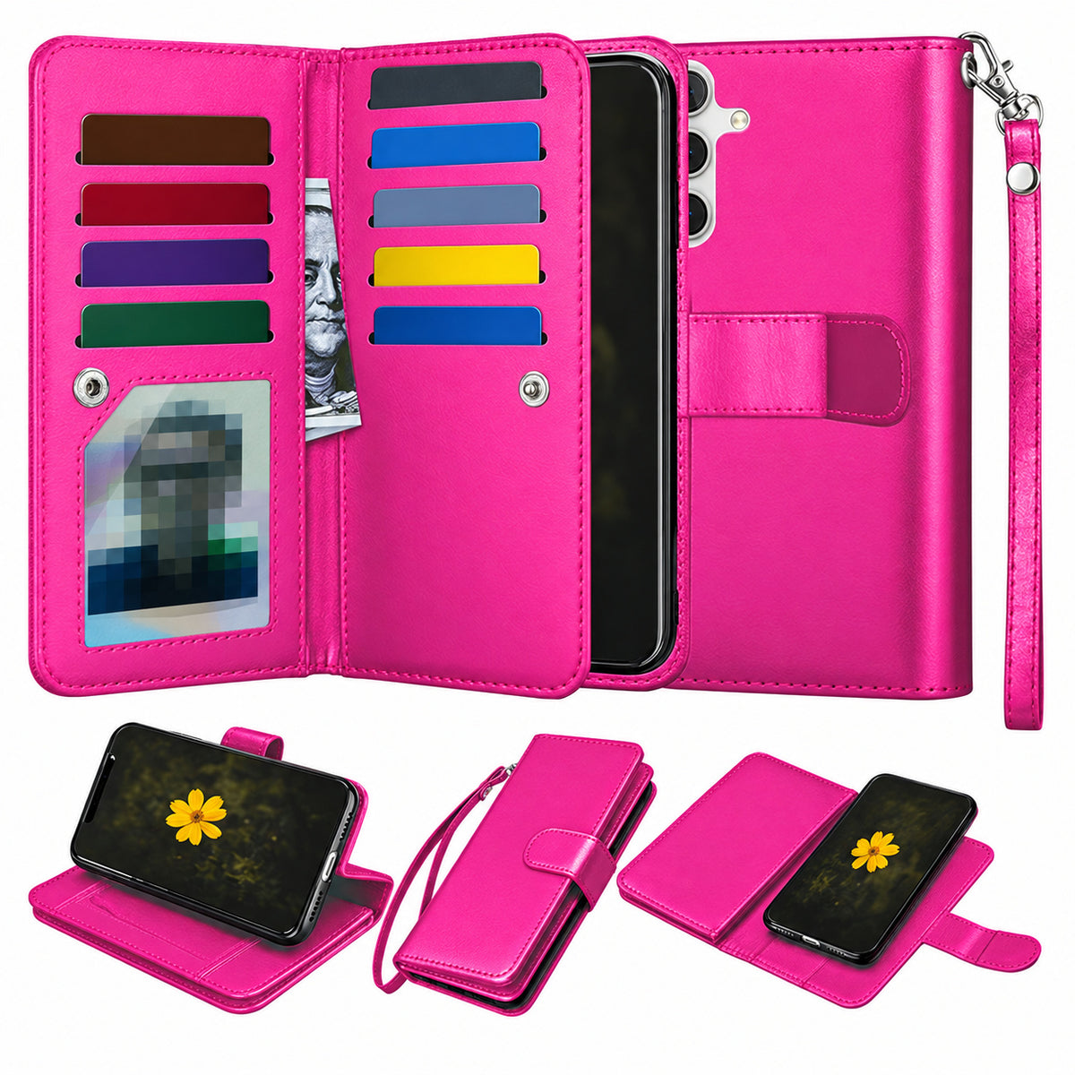 Bifold 9 Card detachable wallet for Samsung Galaxy S24 - Hot Pink
