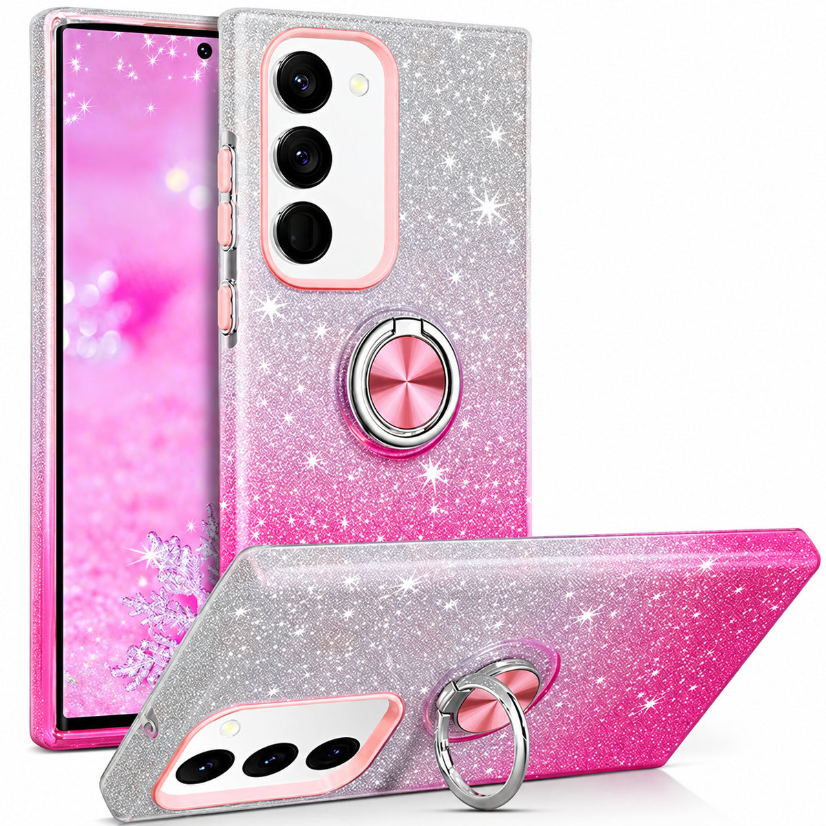 3-in-1 Glitter w/ Ring Case for Samsung Galaxy S25 Plus - Pink / Silver