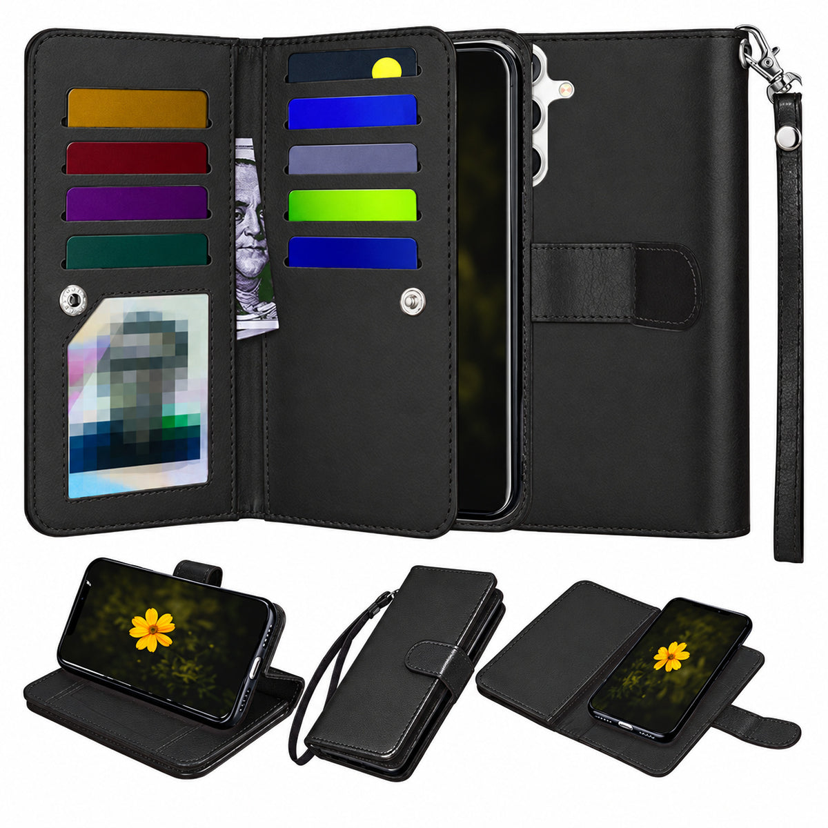 Bifold 9 Card detachable wallet for Samsung Galaxy S25 Plus - Black