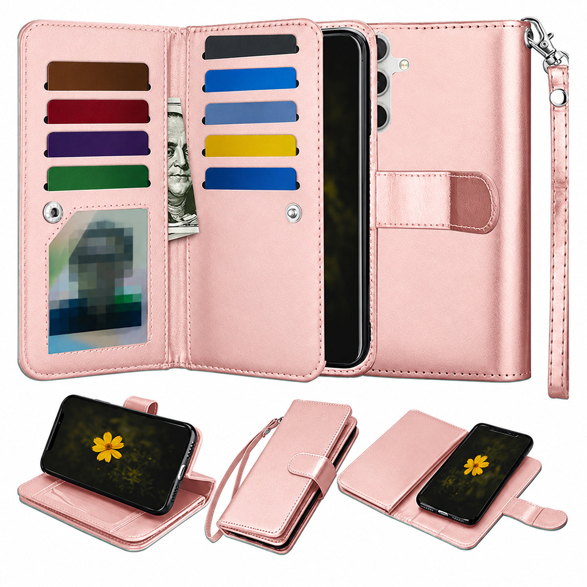 Bifold 9 Card detachable wallet for Samsung Galaxy S25 Plus - Rose Gold