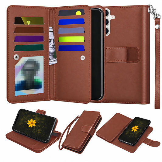 Bifold 9 Card detachable wallet for Samsung Galaxy S25 Plus - Brown