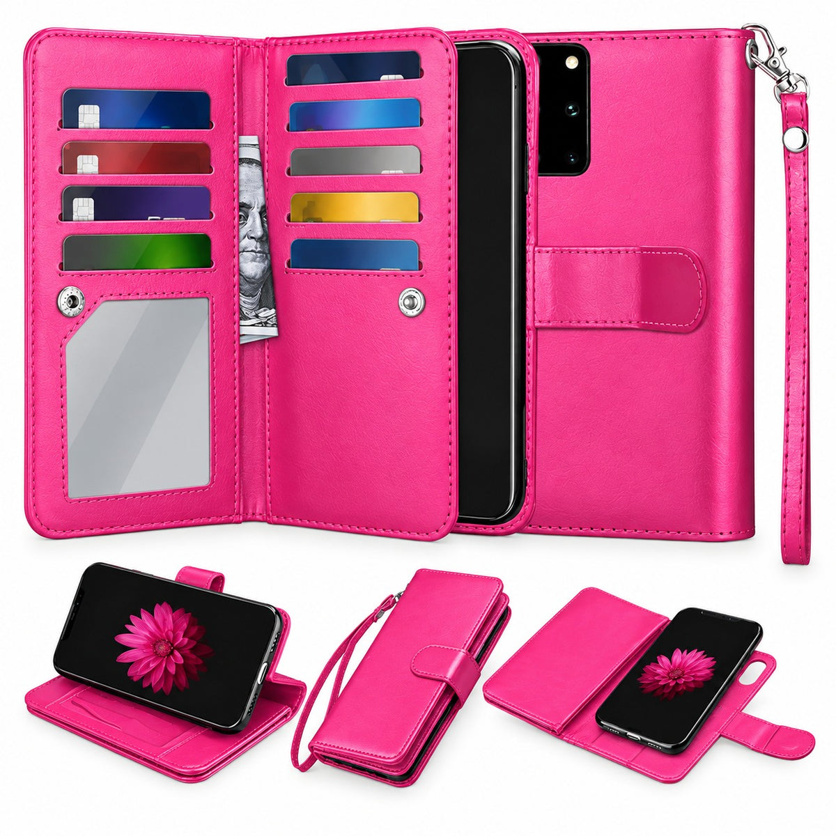 Bifold 9 Card Detachable Wallet Case for Samsung Galaxy S20 - Hot Pink