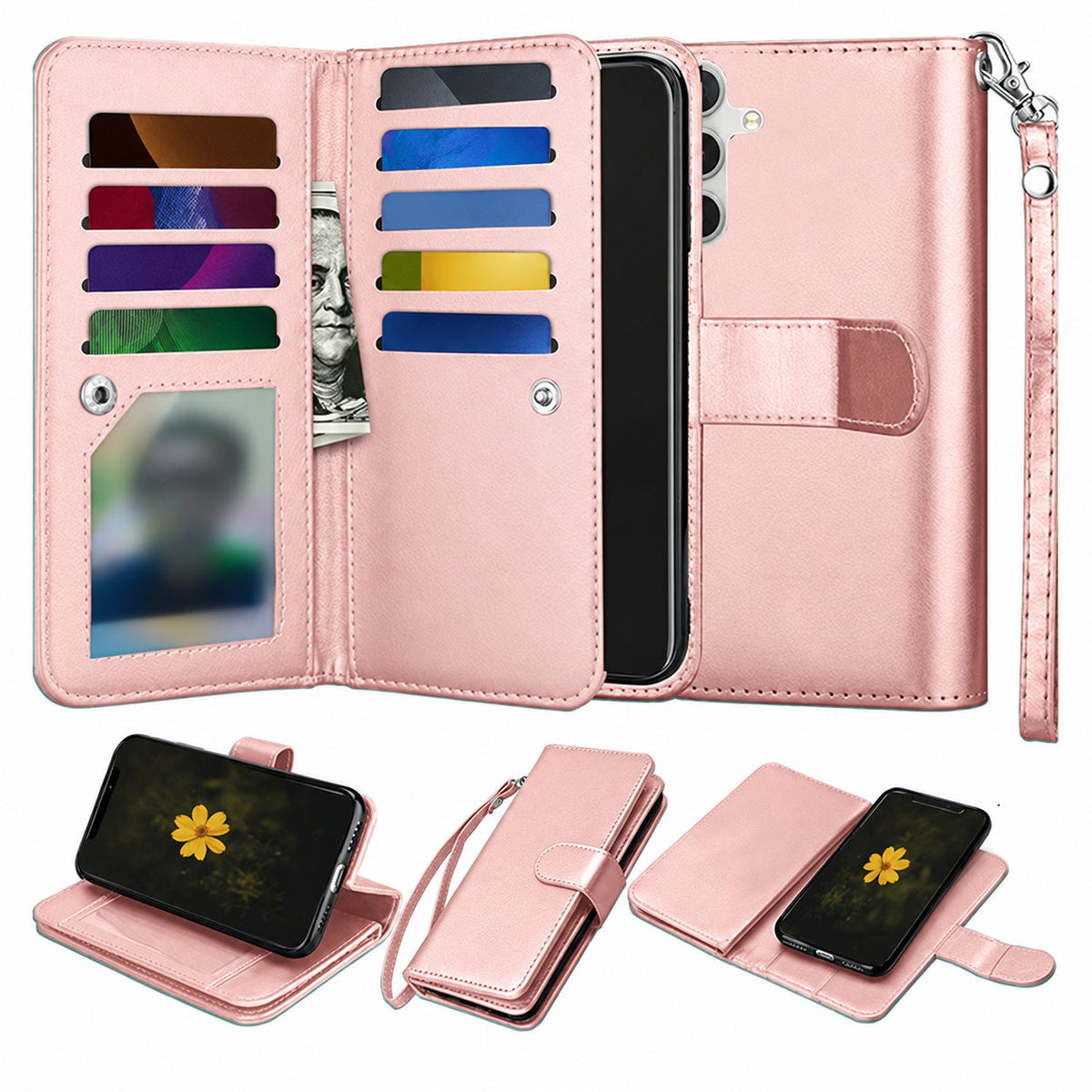 Bifold 9 Card detachable wallet for Samsung Galaxy A14 5G - Rose Gold