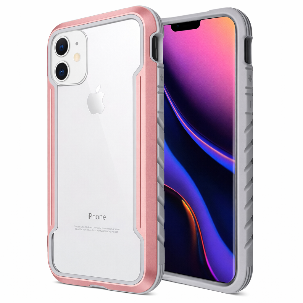 Heavy Duty Phone Case with Metal Frame – Rose Gold Military Grade Full Coverage Dual Layer Protective Cover