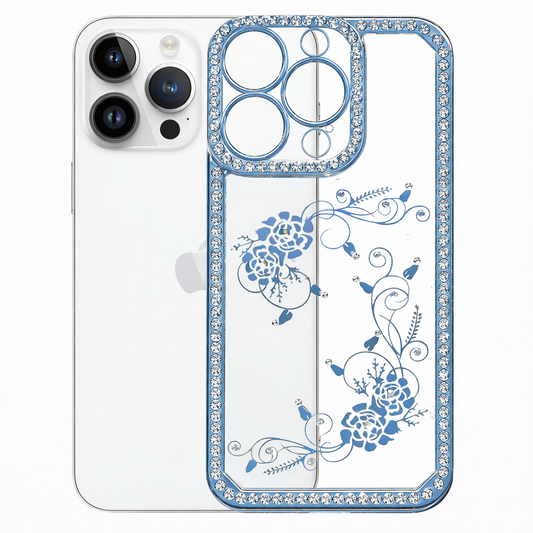 Clear Phone Case – Blue Electro Diamond Border Slim Protective Cover with Wireless Charging Compatibility