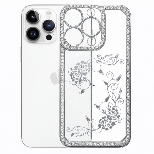 Clear Phone Case – Silver Diamond Border Slim Protective Cover with Wireless Charging Compatibility