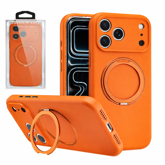 MagSafe Ring Stand Phone Case – Orange Rugged Hard Shell with Raised Edges & Magnetic Stand