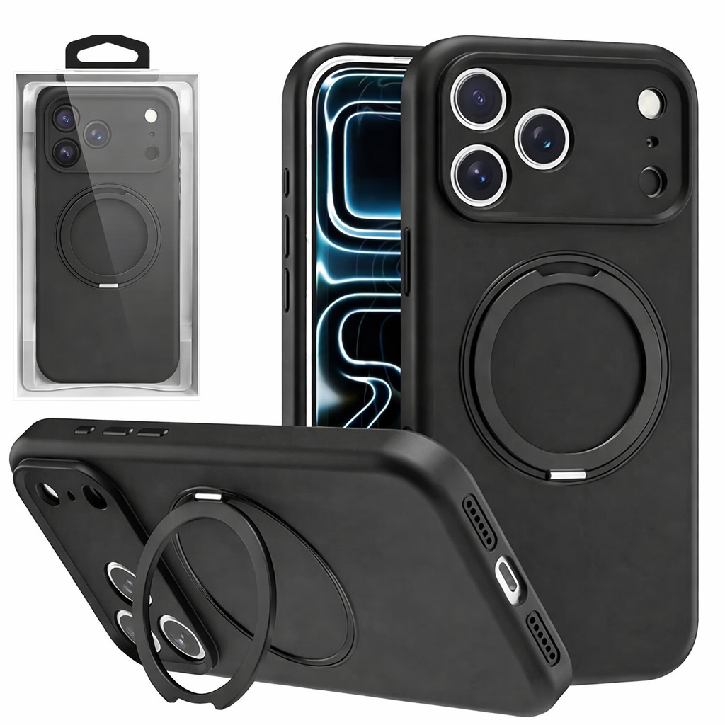 MagSafe Ring Stand Phone Case – Black Rugged Hard Shell with Raised Edges & Magnetic Stand