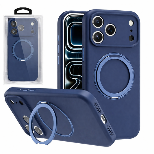 MagSafe Ring Stand Phone Case – Blue Rugged Hard Shell with Raised Edges & Magnetic Stand
