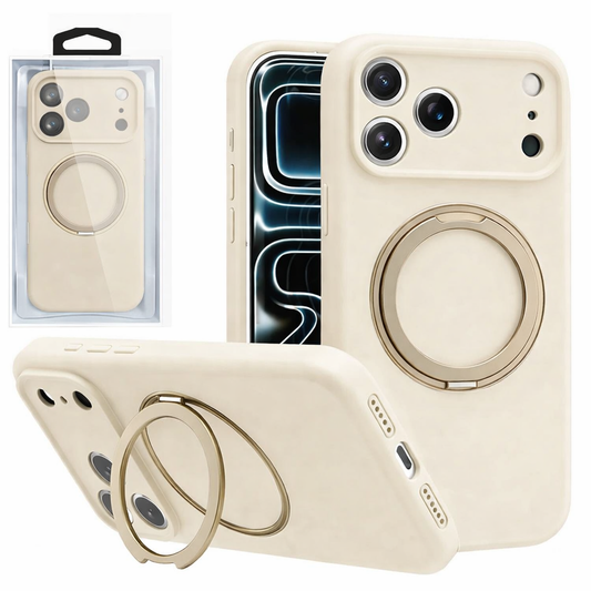 MagSafe Ring Stand Phone Case – White Rugged Hard Shell with Raised Edges & Magnetic Stand
