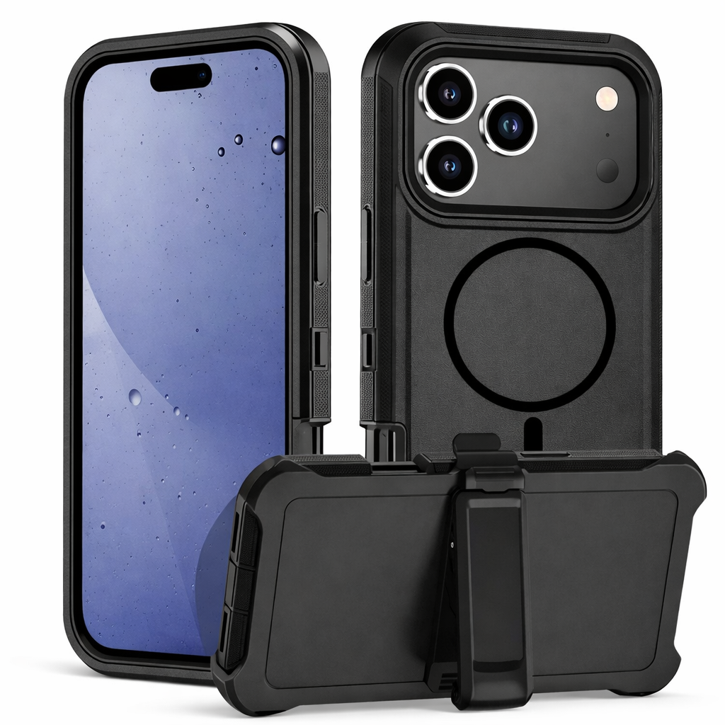 Heavy Duty Customizable Phone Case with Belt Clip – Black. Two sides and Back View
