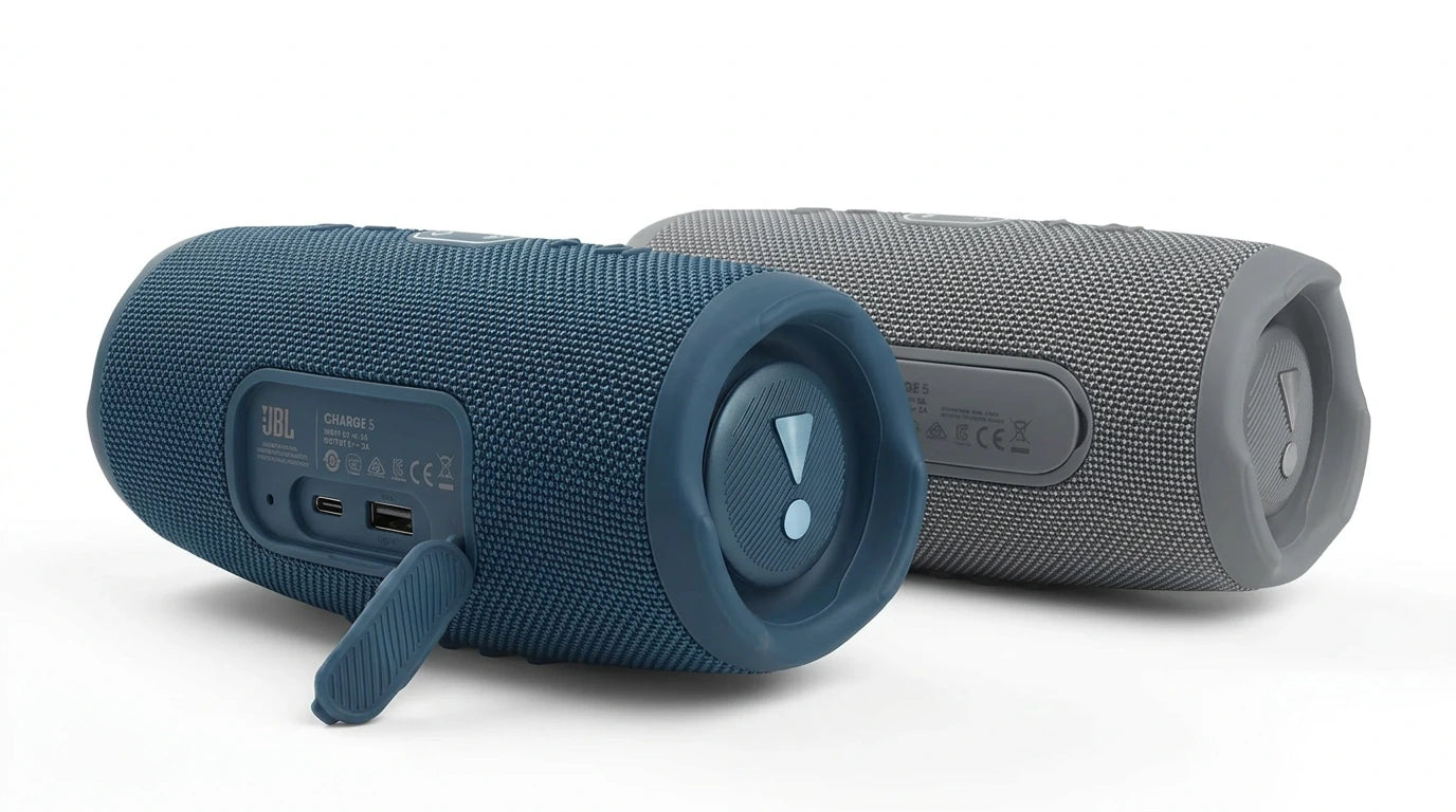 future tech gadgets Canada. premium tech accessories Canada. JBL Charge 5 Portable Waterproof Speaker with Powerbank. Gallery image 6. Lines name one specific SKU—never substitute a generic lookalike from the category. After review passes, each render should still read as a fresh studio viewpoint of that same physical unit.