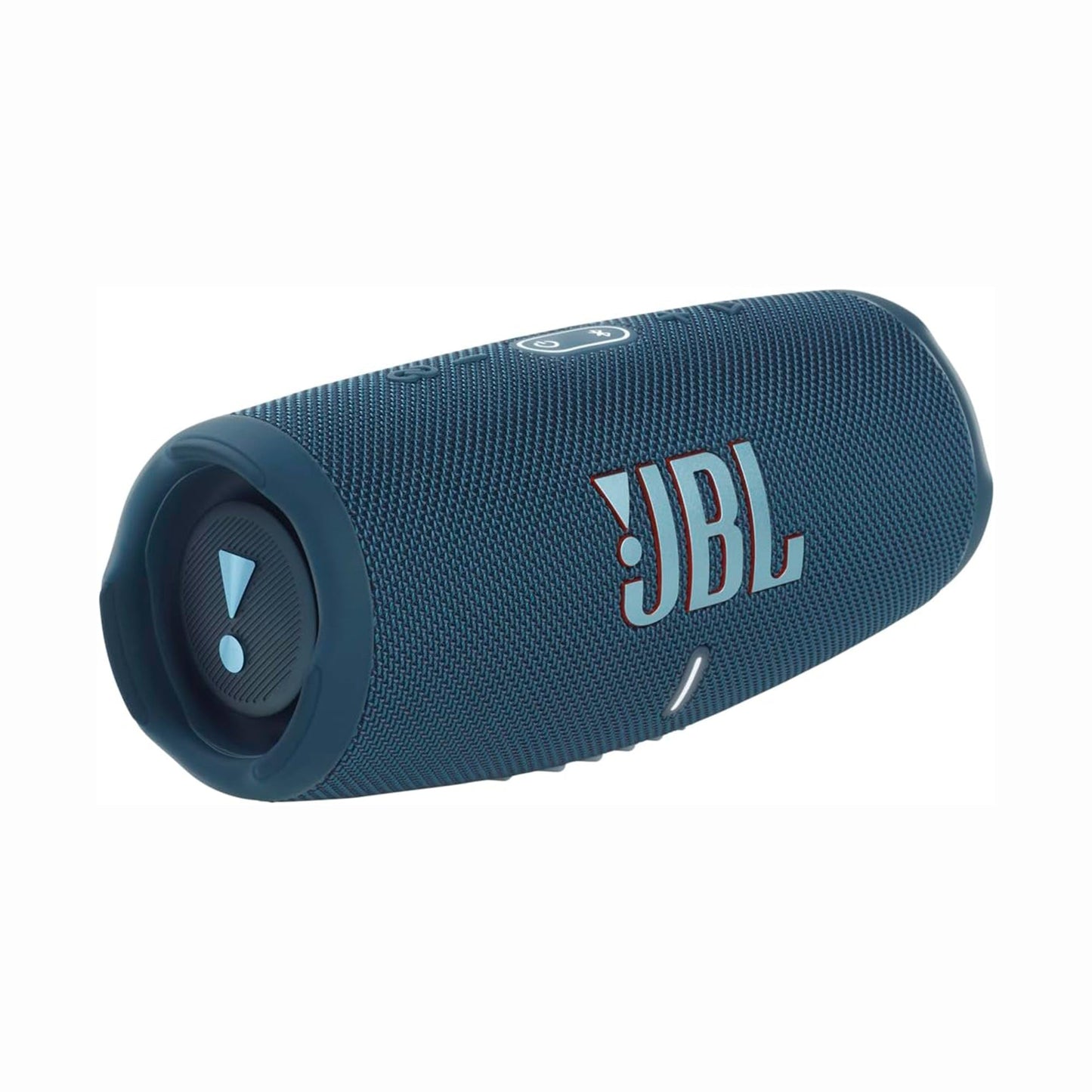 future tech gadgets Canada. premium tech accessories Canada. JBL Charge 5 Portable Waterproof Speaker with Powerbank. Gallery image 1. The speaker is positioned at a slight angle, showcasing its cylindrical shape and textured blue fabric exterior. The prominent JBL logo is displayed in red and white on the side, while a circular control button is visible on the top, accompanied by a small LED indicator light. The background is a seamless white, emphasizing the product's design.