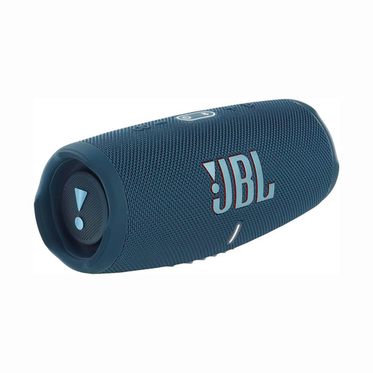 future tech gadgets Canada. premium tech accessories Canada. JBL Charge 5 Portable Waterproof Speaker with Powerbank. Gallery image 1. The speaker is positioned at a slight angle, showcasing its cylindrical shape and textured blue fabric exterior. The prominent JBL logo is displayed in red and white on the side, while a circular control button is visible on the top, accompanied by a small LED indicator light. The background is a seamless white, emphasizing the product's design.