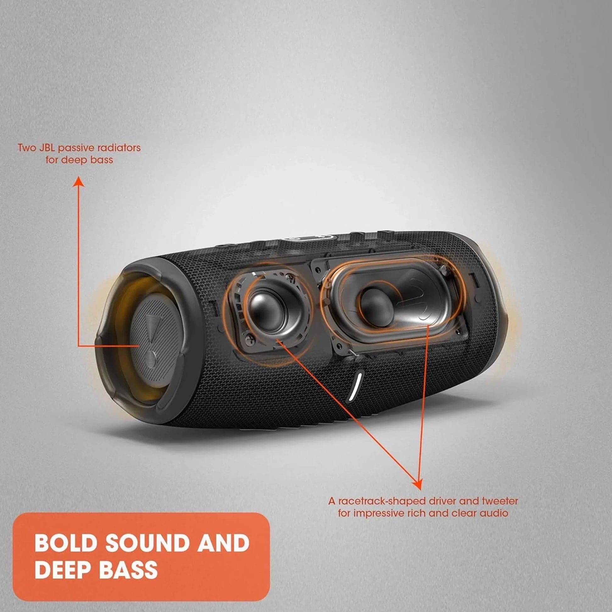 future tech gadgets Canada. premium tech accessories Canada. JBL Charge 5 Portable Waterproof Speaker with Powerbank. Gallery image 3. The image features a black portable speaker angled slightly to the right, showcasing its design and features. The speaker has a textured surface with a glossy yellow accent around the passive radiators, which are highlighted in orange outlines. The background is a soft gradient from light gray to white, enhancing the speaker's visibility.