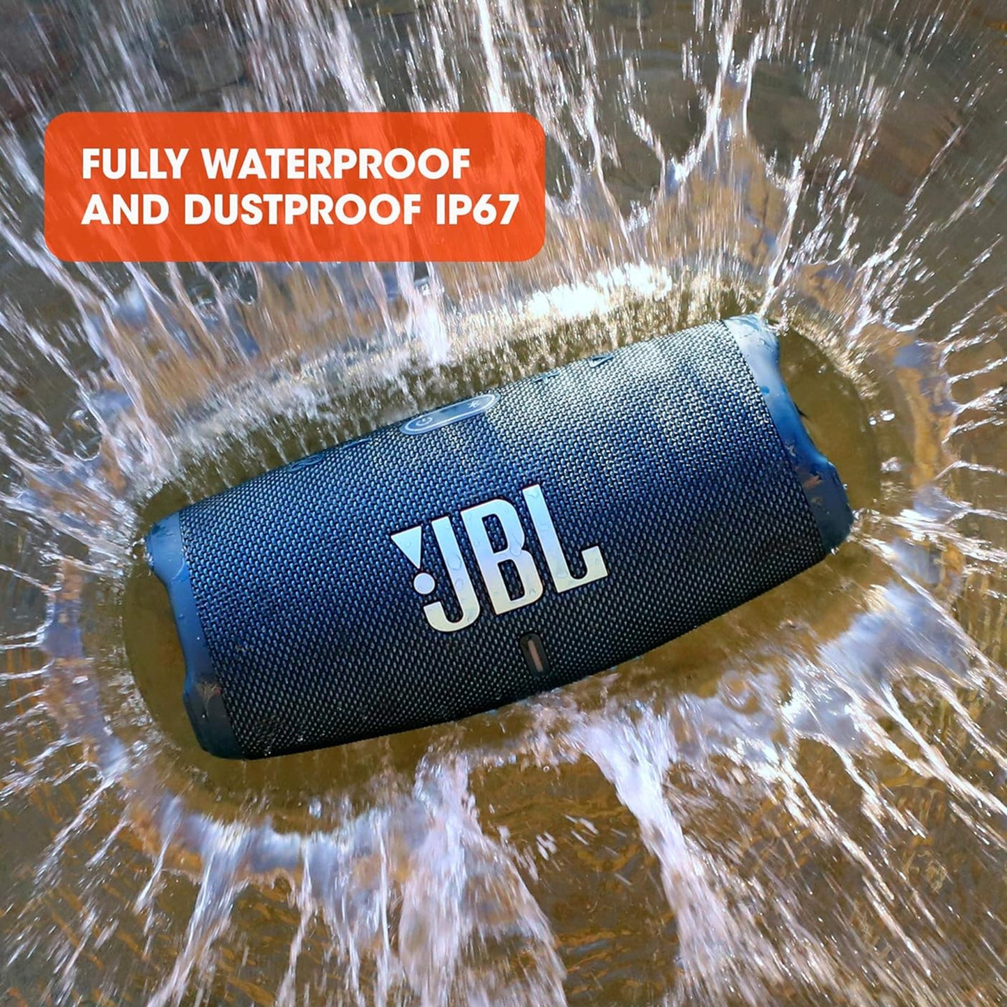 future tech gadgets Canada. premium tech accessories Canada. JBL Charge 5 Portable Waterproof Speaker with Powerbank. Gallery image 4. A black JBL speaker is centered in the frame, partially submerged in water, creating splashes around it. The speaker features a textured surface with a prominent white JBL logo on the front.
