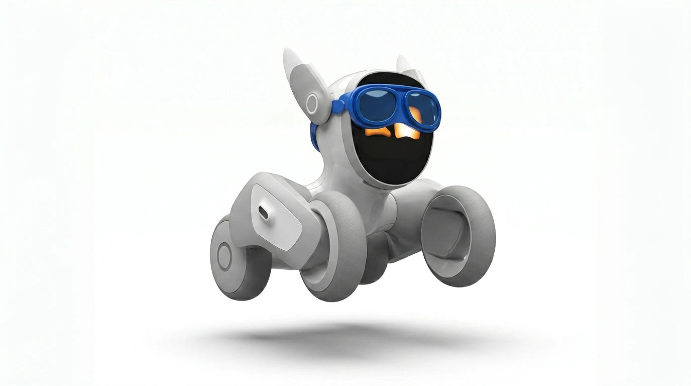 smart tech store Canada. premium tech accessories Canada. Loona AI Pet Robot. Gallery image 7. A playful robot figure is centered in the image, appearing to hover above a seamless white background. The robot features a glossy white body with gray wheels and accents, and it has a friendly, cartoonish face with large, expressive eyes. It wears bright blue goggles, adding a whimsical touch to its design. Soft lighting highlights the robot's smooth surfaces, creating gentle shadows beneath it.