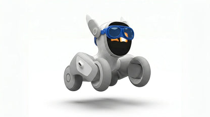 smart tech store Canada. premium tech accessories Canada. Loona AI Pet Robot. Gallery image 7. A playful robot figure is centered in the image, appearing to hover above a seamless white background. The robot features a glossy white body with gray wheels and accents, and it has a friendly, cartoonish face with large, expressive eyes. It wears bright blue goggles, adding a whimsical touch to its design. Soft lighting highlights the robot's smooth surfaces, creating gentle shadows beneath it.