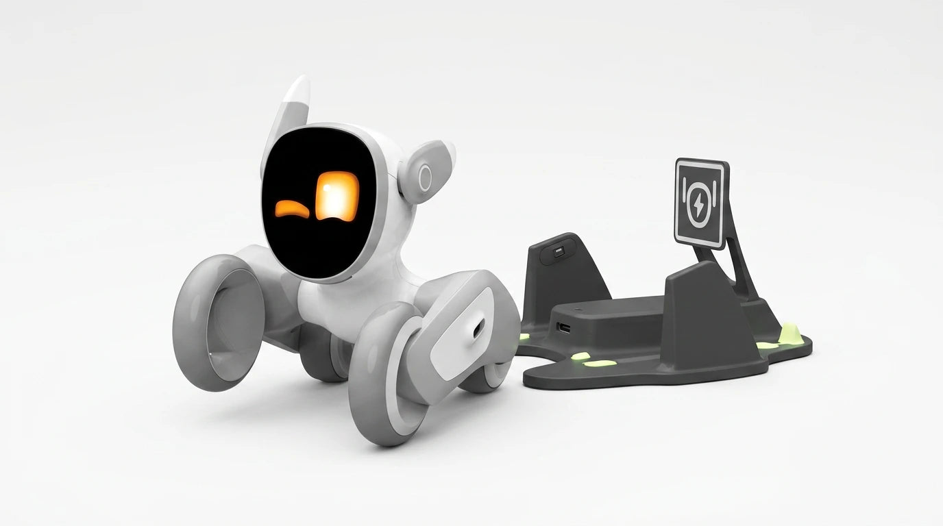 smart tech store Canada. premium tech accessories Canada. Loona AI Pet Robot. Gallery image 10. A small, white and gray robotic toy is positioned slightly to the left of the frame, facing forward. Its round body features a large, black screen displaying two bright, orange eyes that give it a friendly expression. To the right, a black charging dock is visible, with a power symbol icon and green accents.