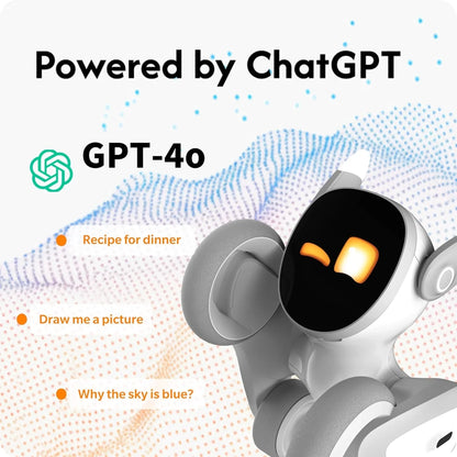 smart tech store Canada. premium tech accessories Canada. Loona AI Pet Robot. Gallery image 4. A small, friendly robot figure is prominently displayed in the center of the image, featuring a glossy white body and soft gray accents. Its face has a black screen with two glowing orange eyes, giving it a cheerful expression. The background is a gradient of soft colors with abstract dotted patterns, enhancing the playful theme.