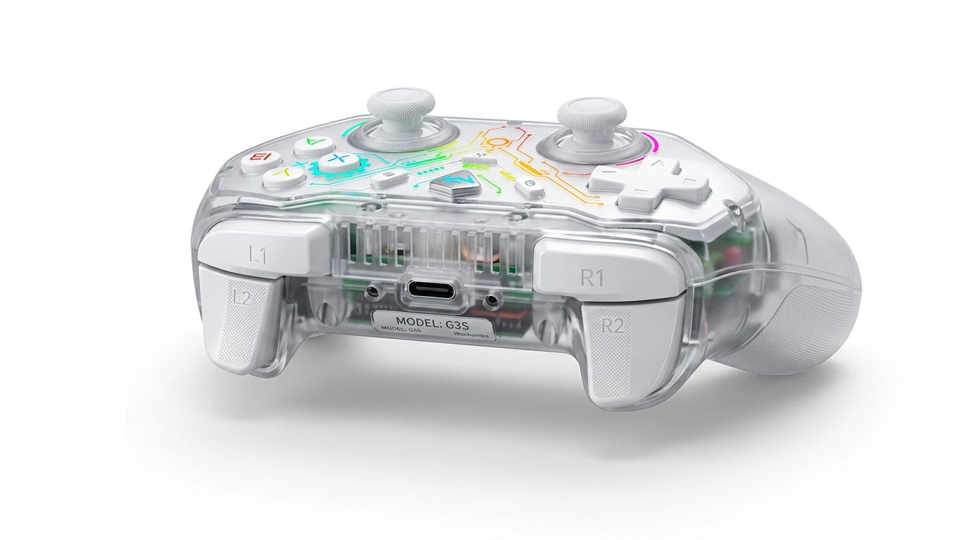 future tech gadgets Canada. premium tech accessories Canada. Machenike G3s Dual-mode Controller. Gallery image 8. Lines name one specific SKU—never substitute a generic lookalike from the category. After review passes, each render should still read as a fresh studio viewpoint of that same physical unit.