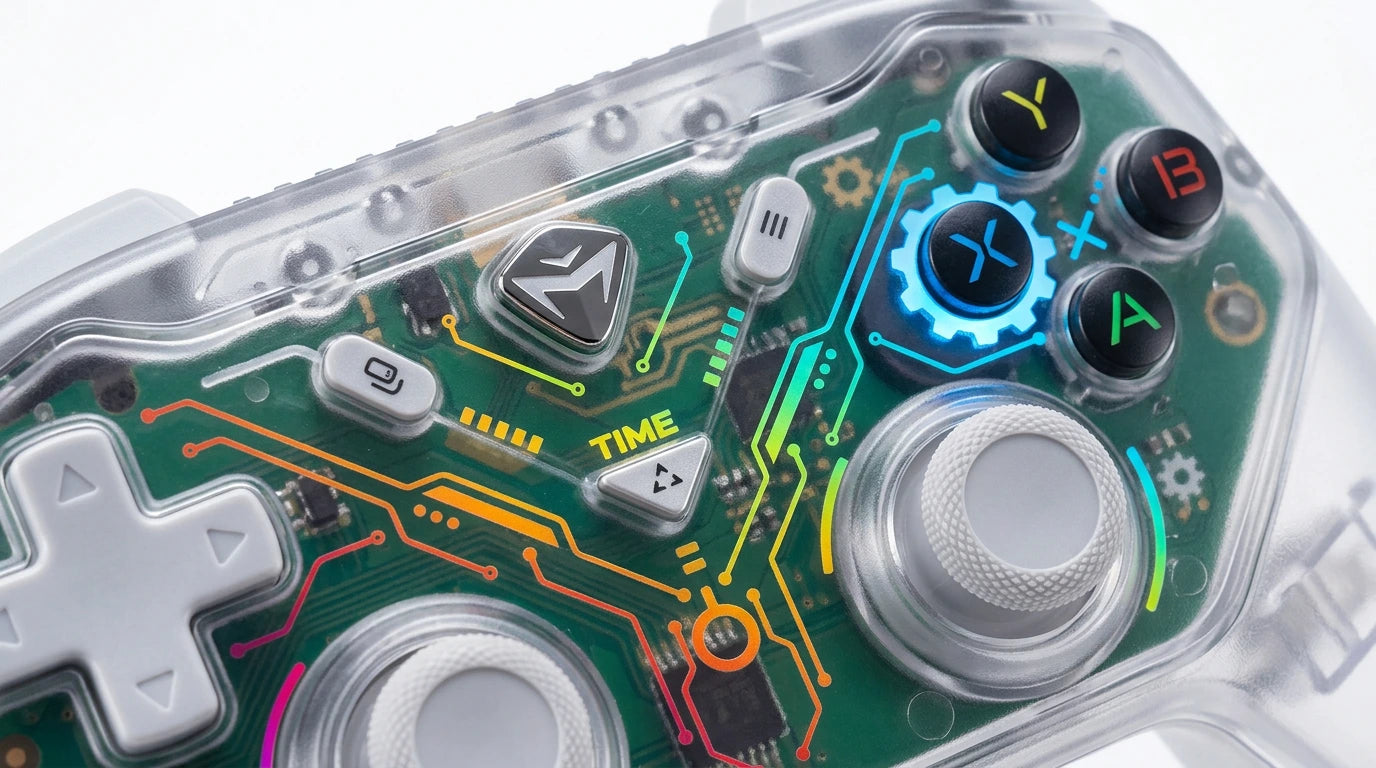 future tech gadgets Canada. premium tech accessories Canada. Machenike G3s Dual-mode Controller. Gallery image 9. Lines name one specific SKU—never substitute a generic lookalike from the category. After review passes, each render should still read as a fresh studio viewpoint of that same physical unit.
