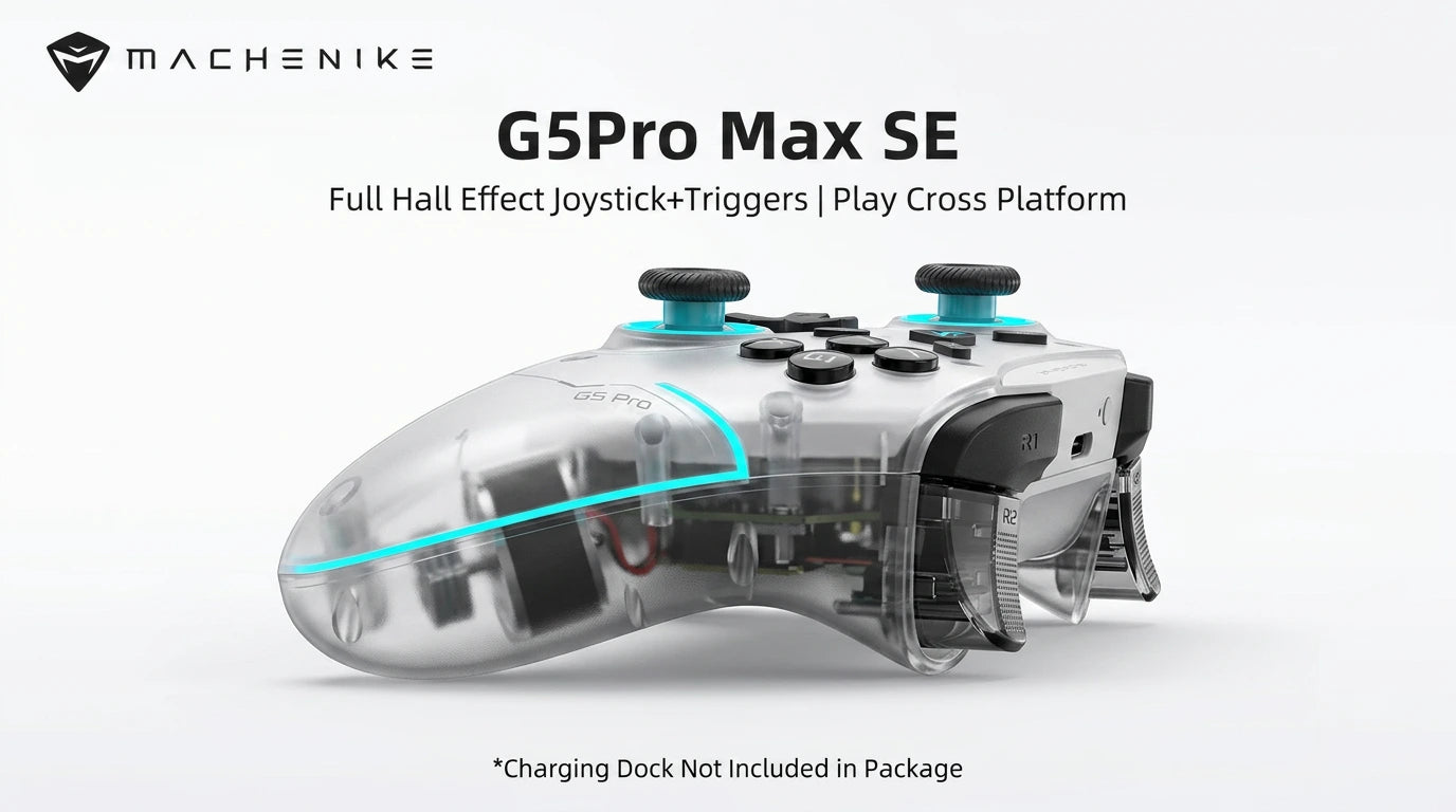 future tech gadgets Canada. premium tech accessories Canada. Machenike G5 Pro Max SE Tri-Mode Controller. Gallery image 3. Lines name one specific SKU—never substitute a generic lookalike from the category. After review passes, each render should still read as a fresh studio viewpoint of that same physical unit.