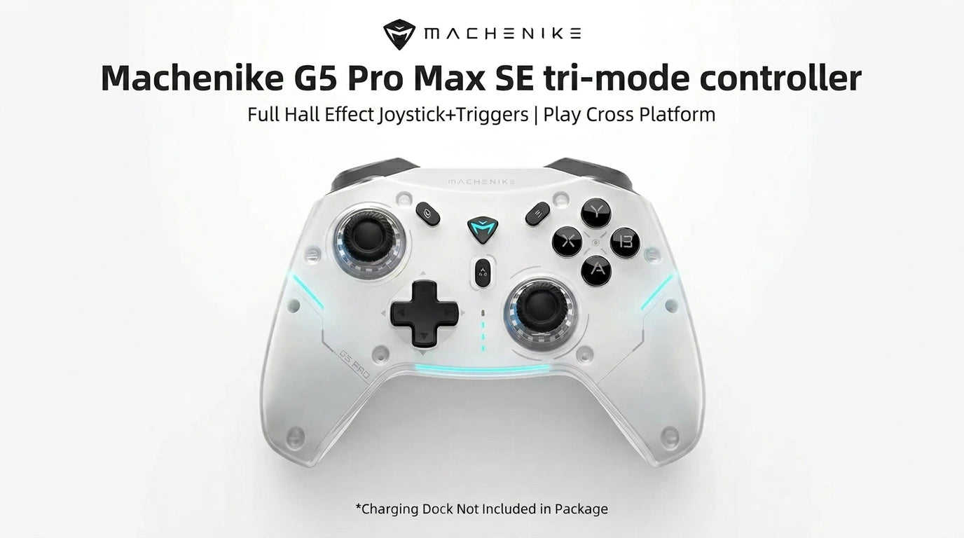 future tech gadgets Canada. premium tech accessories Canada. Machenike G5 Pro Max SE Tri-Mode Controller. Gallery image 4. Lines name one specific SKU—never substitute a generic lookalike from the category. After review passes, each render should still read as a fresh studio viewpoint of that same physical unit.