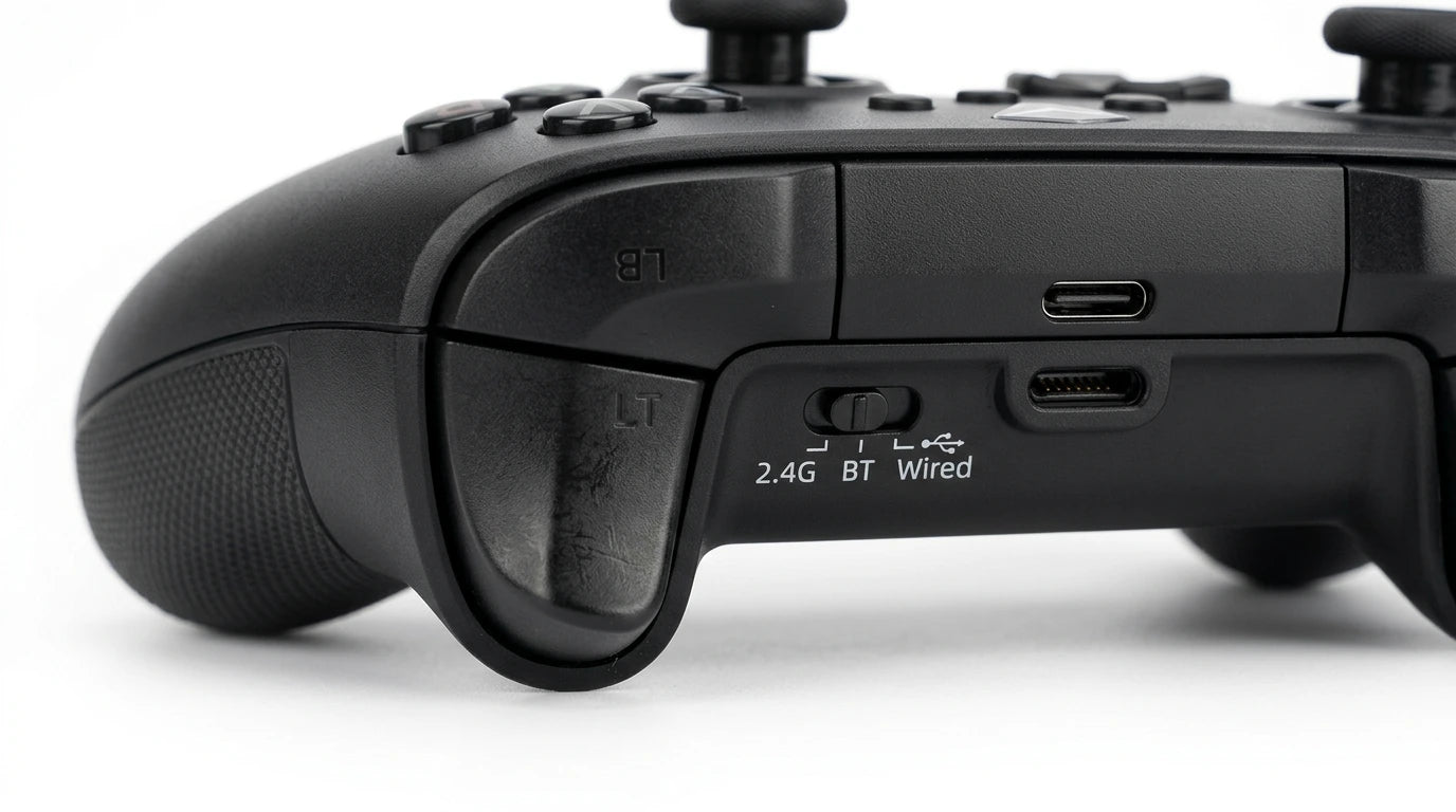 future tech gadgets Canada. premium tech accessories Canada. Machenike G5 Pro Tri-Mode Controller. Gallery image 9. Lines name one specific SKU—never substitute a generic lookalike from the category. After review passes, each render should still read as a fresh studio viewpoint of that same physical unit.