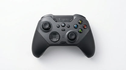 future tech gadgets Canada. premium tech accessories Canada. Machenike G5 Pro V2 Tri-Mode Controller. Gallery image 4. The game controller is centered in the frame, viewed from above against a seamless white background. Its body is predominantly matte black with textured grips on the sides. The controller features two analog sticks, a directional pad, and four colored buttons labeled A, B, X, and Y in red, green, blue, and yellow, respectively.