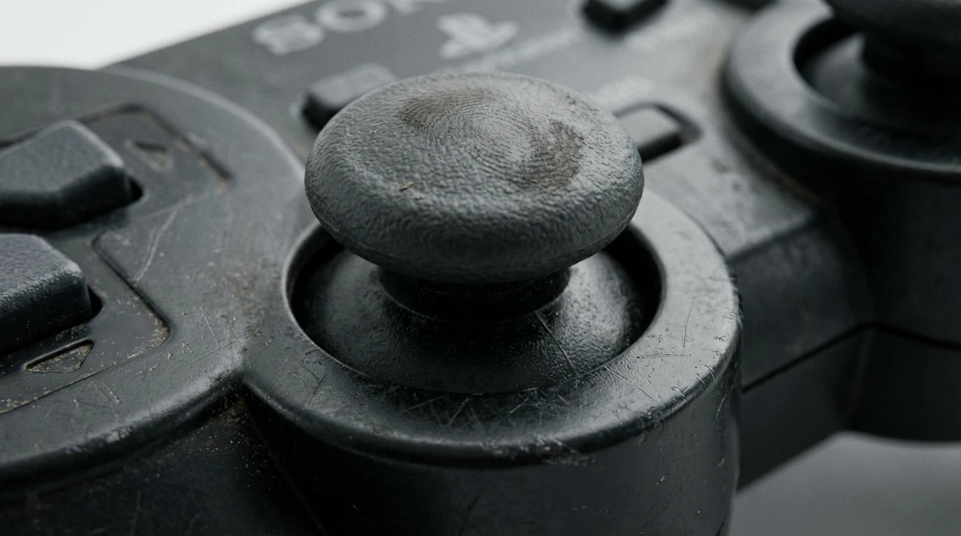 future tech gadgets Canada. premium tech accessories Canada. Machenike G5 Pro V2 Tri-Mode Controller. Gallery image 5. The image features a close-up view of a black gaming controller, focusing on the textured joystick. The joystick is slightly worn, showing signs of use with a few scratches and smudges. Surrounding the joystick are several buttons and a directional pad, all in a matte black finish. The background is softly blurred, emphasizing the controller's details.