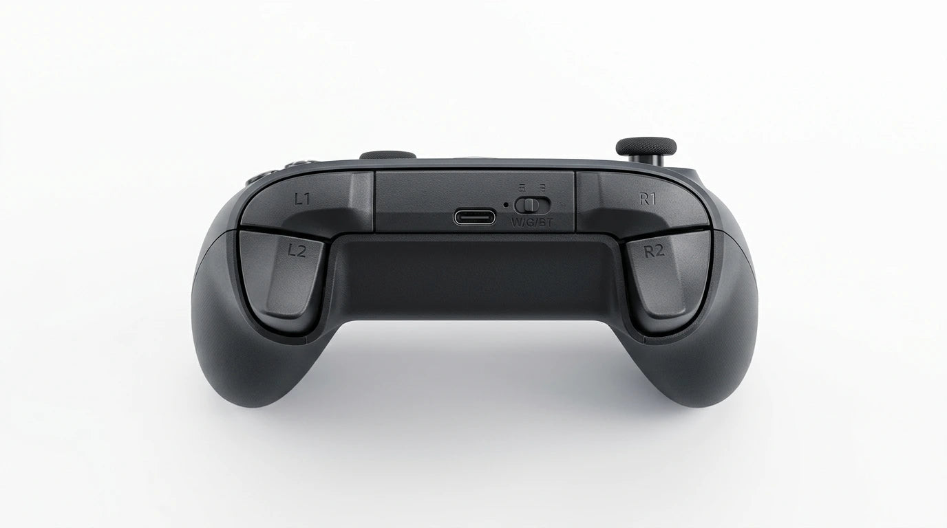 future tech gadgets Canada. premium tech accessories Canada. Machenike G5 Pro V2 Tri-Mode Controller. Gallery image 6. The image shows a black gaming controller viewed from above, centered against a seamless white background. The controller features a textured surface and has four shoulder buttons labeled L1, L2, R1, and R2, positioned on either side.